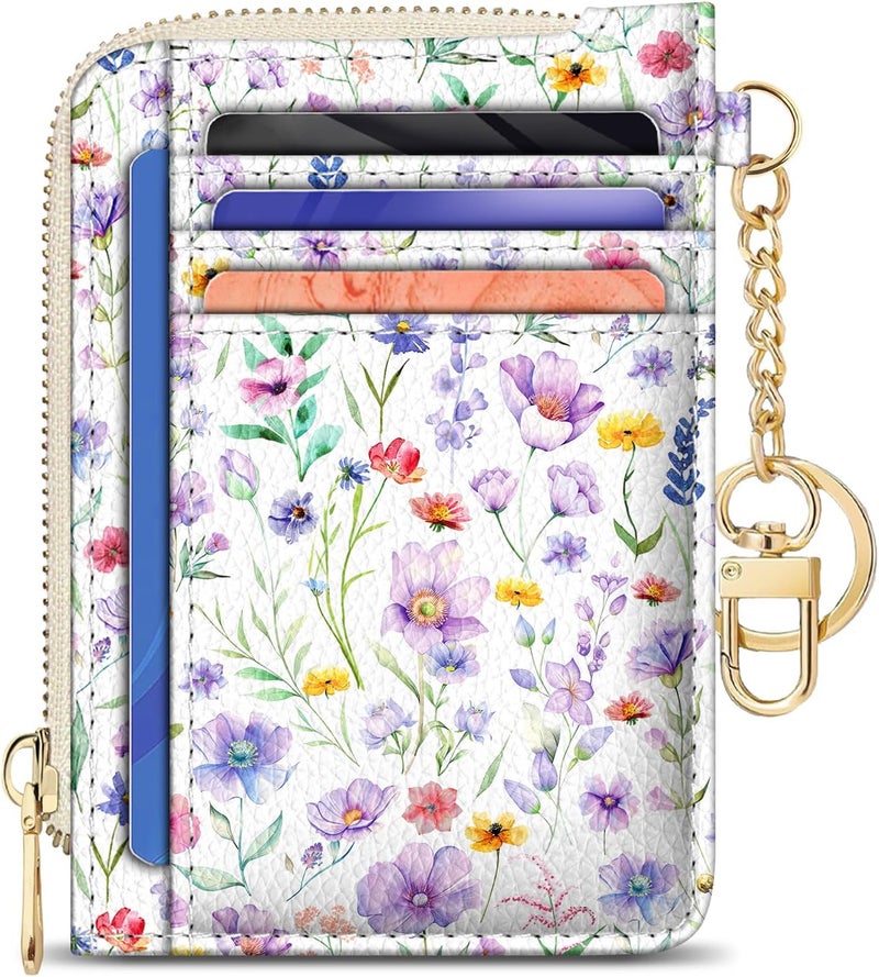 GIANCOMICS Slim Wallet Credit Card Holder Women, Purple Flower Rfid Blocking Small Card Case, Keychain Thin Pocket Curved Zipper Wallet, Travel Card Holder PU Leather ID Window, Ladies Female Gifts - Image 1